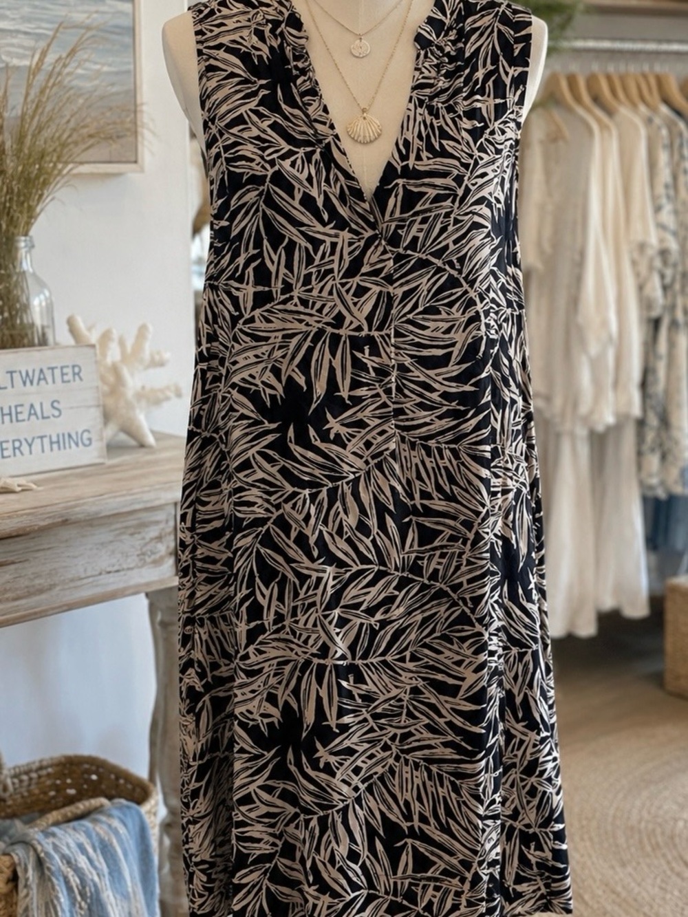 LOFT  Navy and White Leaf Print Sleeveless Dress